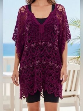 Colleen Lopez Crochet Swim Cover Up Boho Tunic Plum Berry Wine Beaded NWT OS